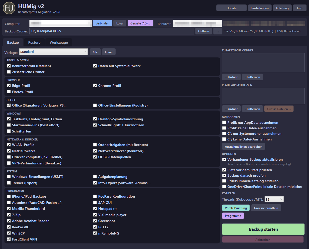 Reiter Backup: Module links, Ausnahmen und Optionen rechts
