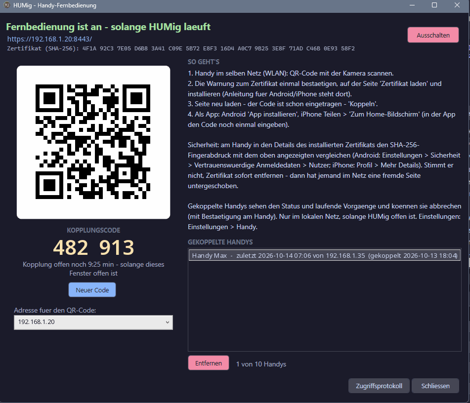 Fenster Handy: QR-Code, Kopplungscode, Fingerabdruck des Zertifikats und gekoppelte Handys (Beispieldaten)