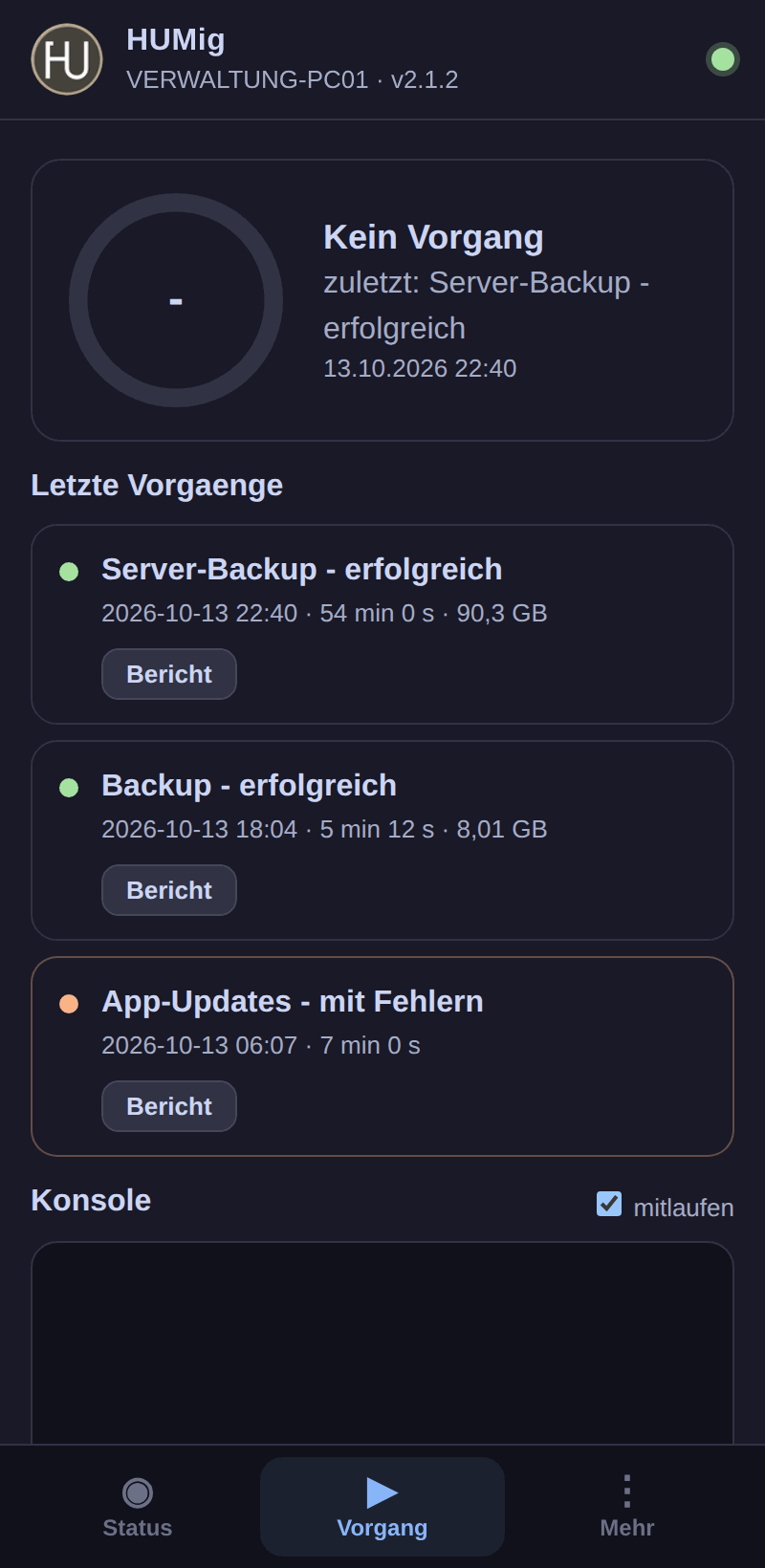 Letzte Vorgänge mit Bericht