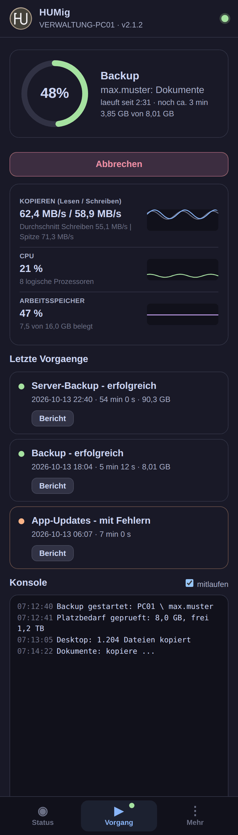 Vorgang mit Restzeit und Live-Anzeige