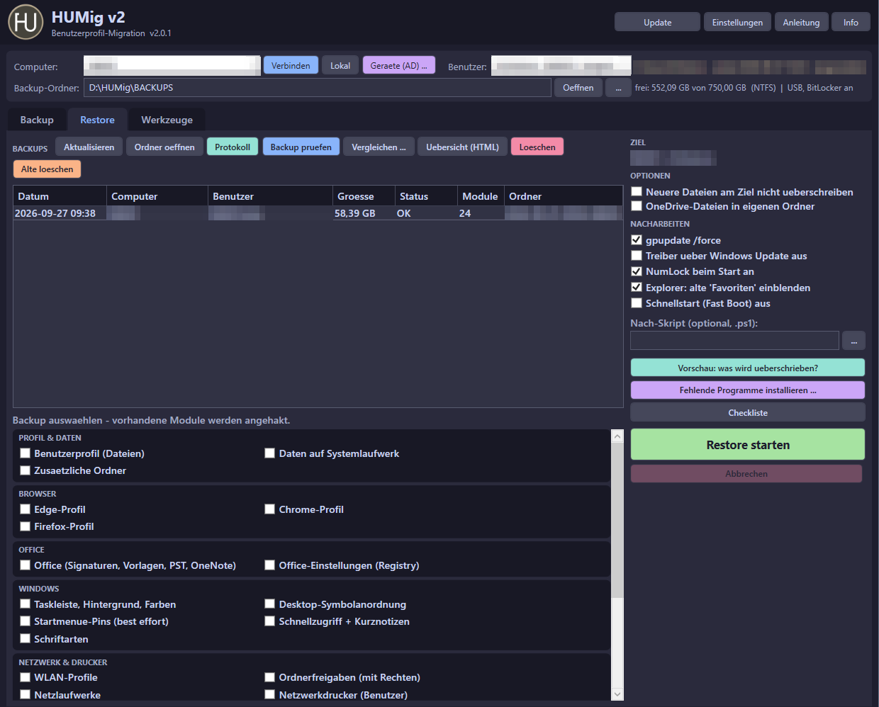 Reiter Restore: Backup wählen, Module, Optionen und Nacharbeiten